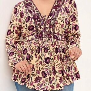 Torrid Floral Lace-Up Blouse - Purple and Cream